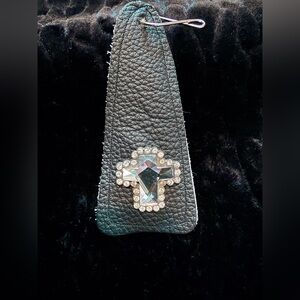 Elegant Black Leather Keychain with Rhinestone Cross Concho